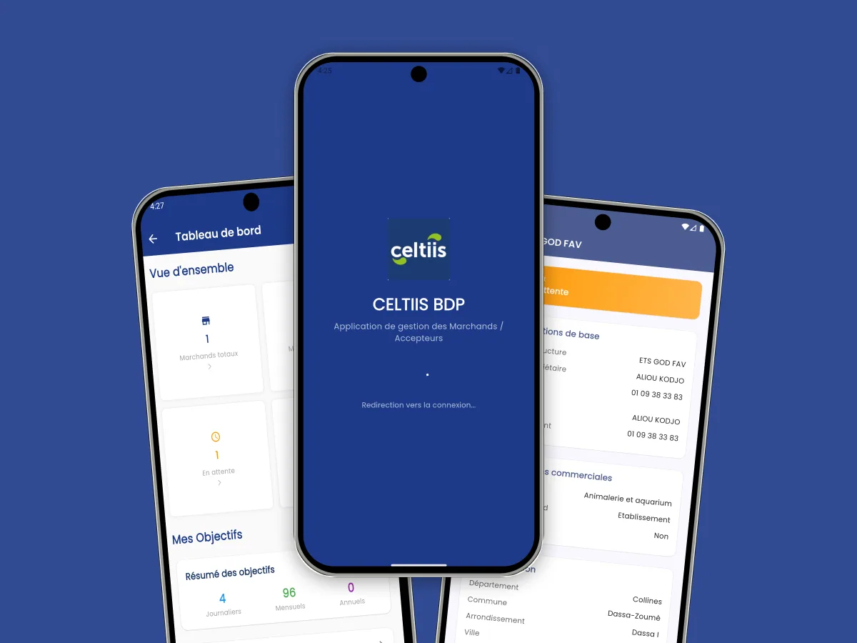 Aperçu de l'app Celtiis BDP — gestion des marchands Celtiis Bénin