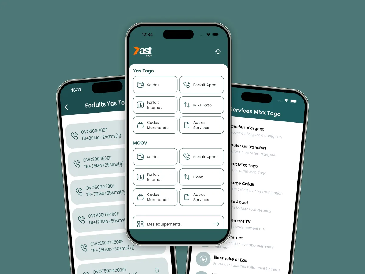 Aperçu de l'app FastCode — services USSD Moov & Yas Togo