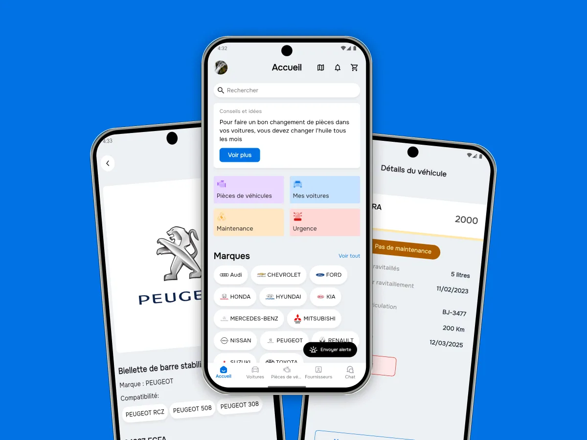 Aperçu de l'app Mekano — gestion de flotte avec messagerie temps réel
