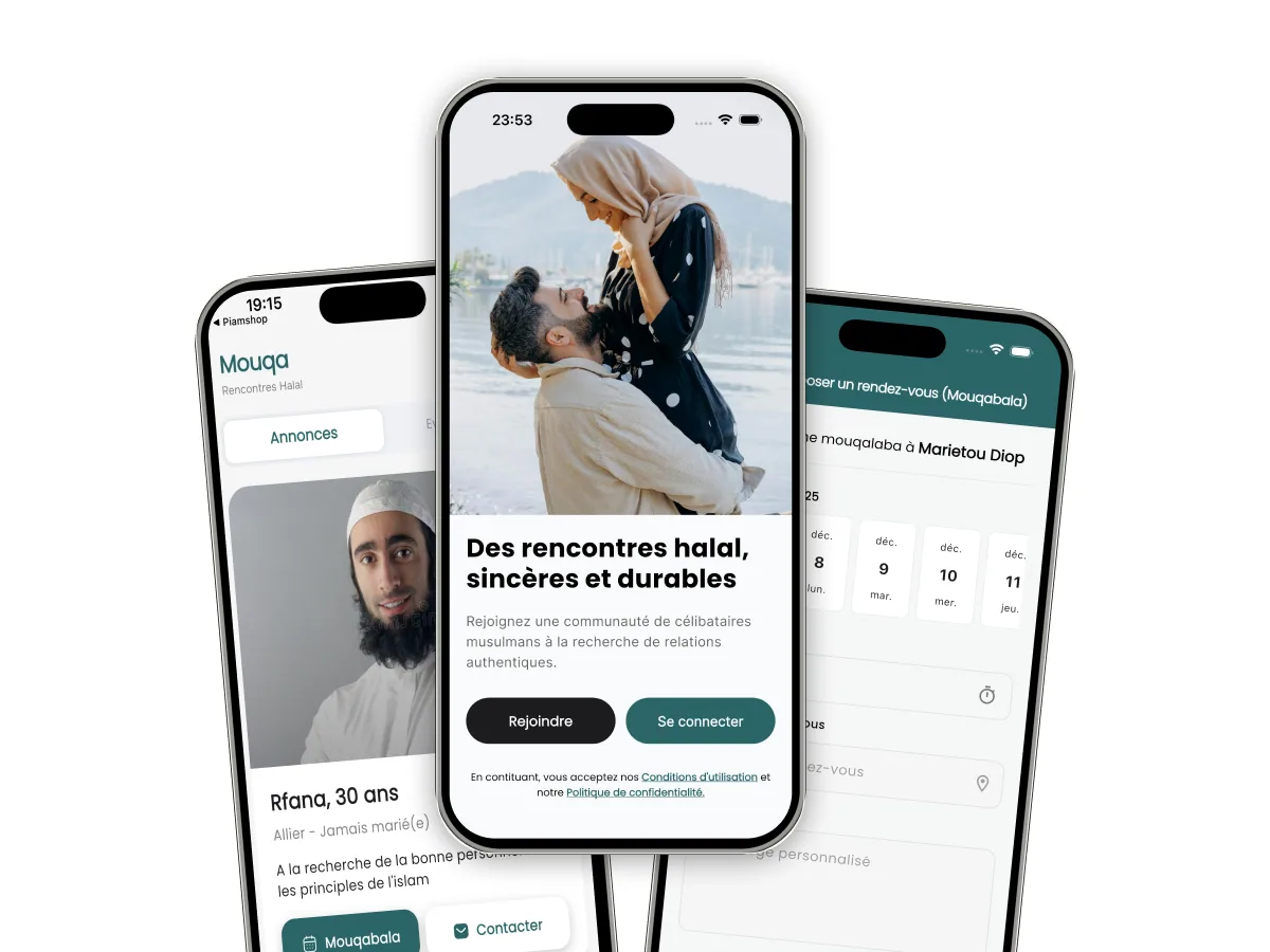 Aperçu de l'app Aqada — rencontre halal pour la communauté musulmane