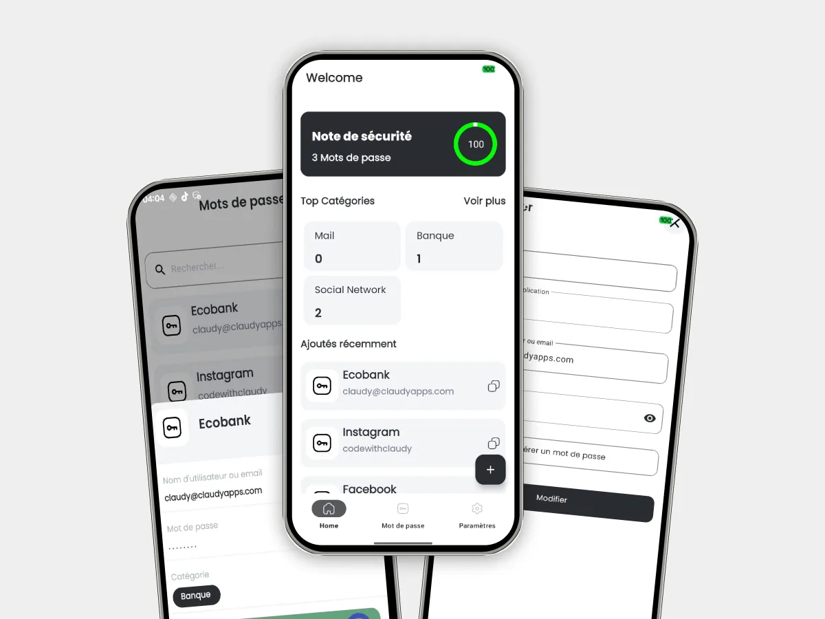 Aperçu de l'app Passblock — gestionnaire de mots de passe chiffré