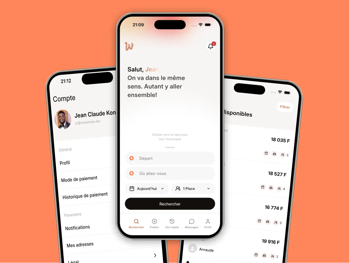 Aperçu de l'app WoroCar — co-voiturage et partage de frais